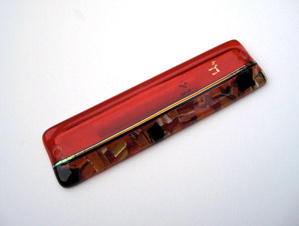 Orange fused glass mezuzah,dichroic glass, chai in 18 Kt gold paint