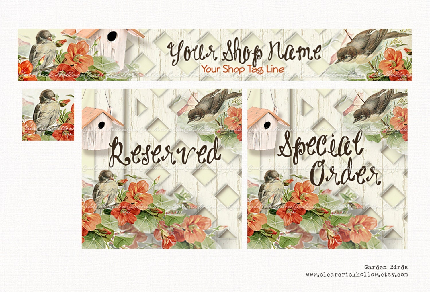 Etsy Shop SET 1 Banner Avatar Reserved Special Order Digital Art - Premade vintage style Garden Birds pattern flowers bird house