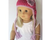 18" Doll Clothes - Flower Earflap Hat - Pink with lilac Beanie for American Girl