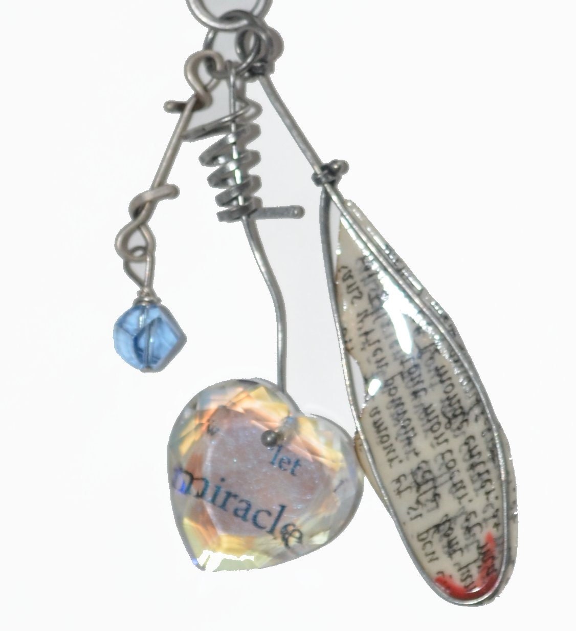 Crystal Heart OOAK Gifts Industrial Miracle Keychain  Frosted Glass French Wording Blue