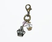Zipper Pull Charm Queen Crown Clear Bead Mixed Metals
