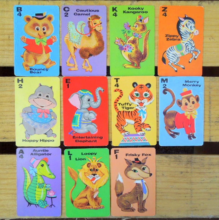 Playing Card Set of 11 Cartoon Animals Vintage Nursery Kangaroo Alphabet Numbers