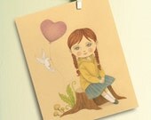 Girl Illustration, Original Watercolor and Colored Pencils Drawing, Nursery art, Children's Room Decor - Heart Balloon by Amalia K