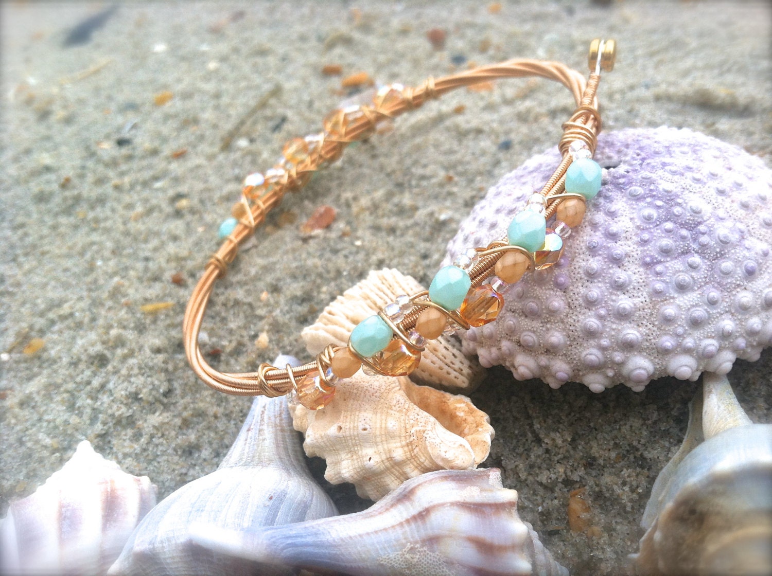 MINT For SUN Guitar String Bangle Bracelet with Mint, Iridescent Orange and Sherbert Color Glass Beading. Stackable, Festive Bangle