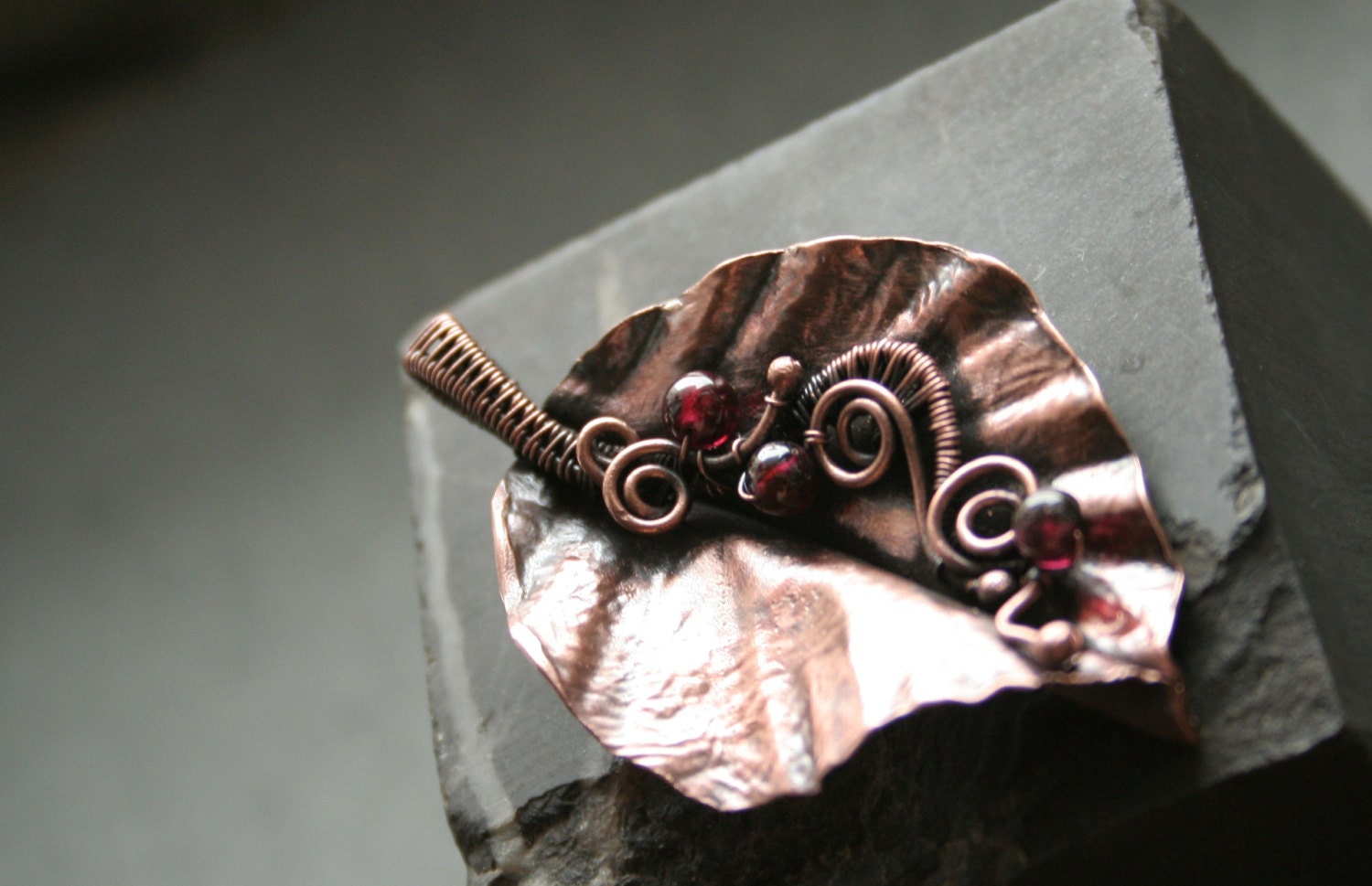 Red Autumn - fold formed copper leaf pendant with red garnet bead