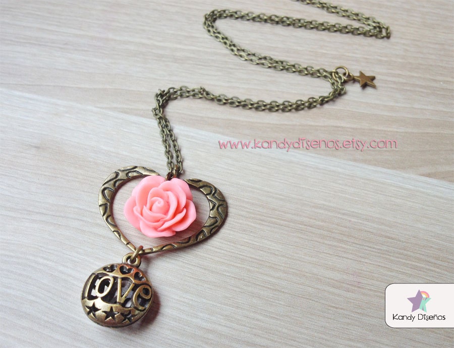 Valentine Love Vintage Necklace Heart Romantic Love Pink Flower Valentine
