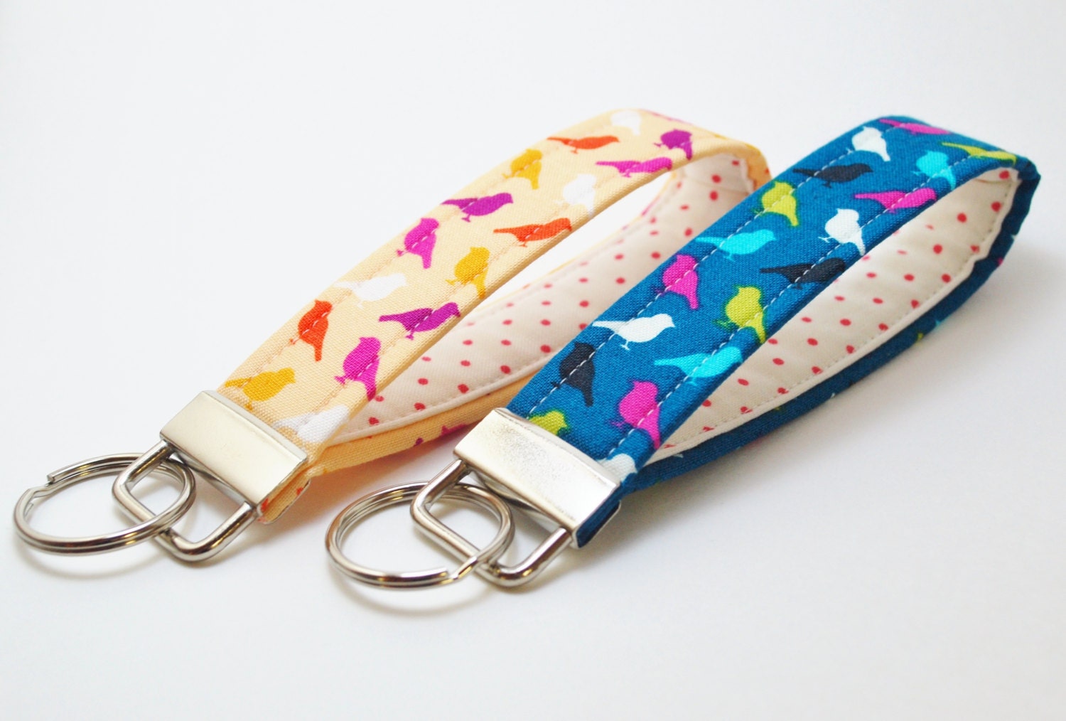 Bird Key Chain, Handmade Key Fobs, Little Colorful Birds, Peach or Blue, Your Choice