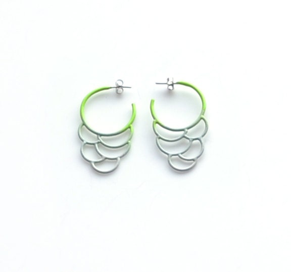 Side hoop earrings, chartreuse to slate ombre