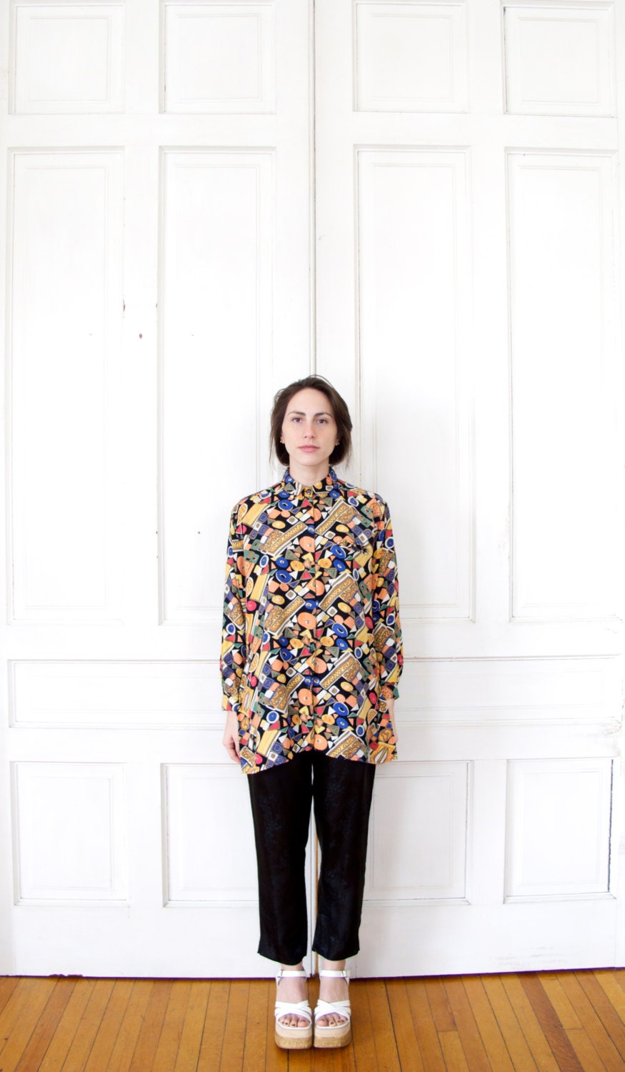 80s Abstract Geometric Button Down Shirt / Oversized Tunic Shirt