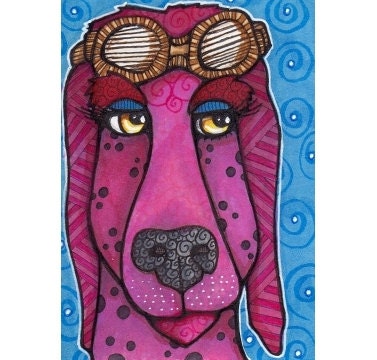 ACEO Original Dog, Aviator Abby in Bright Fuchsia Pink