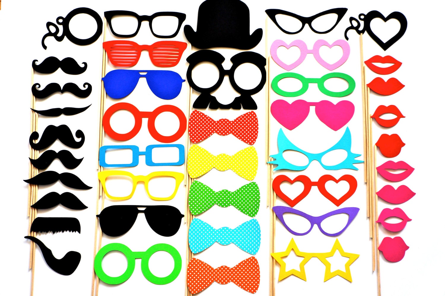 Wedding Photo Booth Props - 42 Piece Party Prop Set - Photobooth Props - Mustaches, Glasses, Lips, Swiss Dot Bow Ties and More