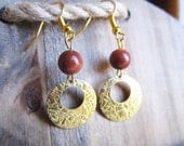 Goldstone Textured Brass Hoop Dangle Earrings