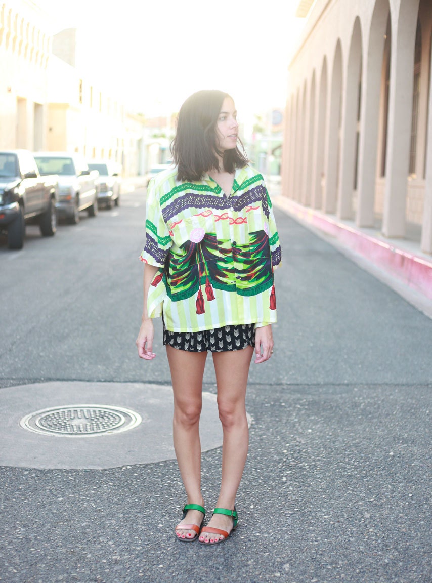 oversized printed silk button up blouse
