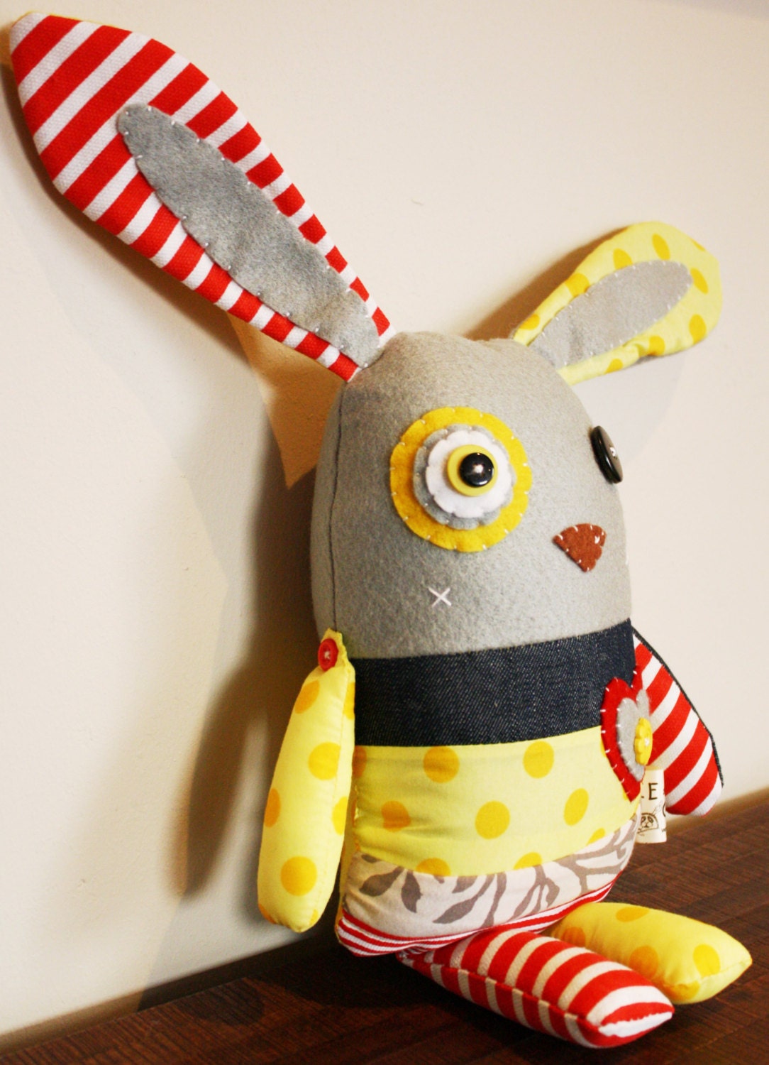 BOObeloobie Bungie the Bunny in Denim, Yellow polka dots and Red and white striped Canvas