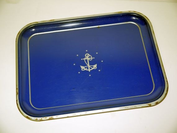 Vintage nautical metal serving tray / blue anchor / 50s 60s mid century / coastal beach decor