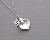 Calla lily necklace, freshwater pearl, personalized hand-stamped initial leaf, sterling silver chain, small flower, dainty petite minimalist