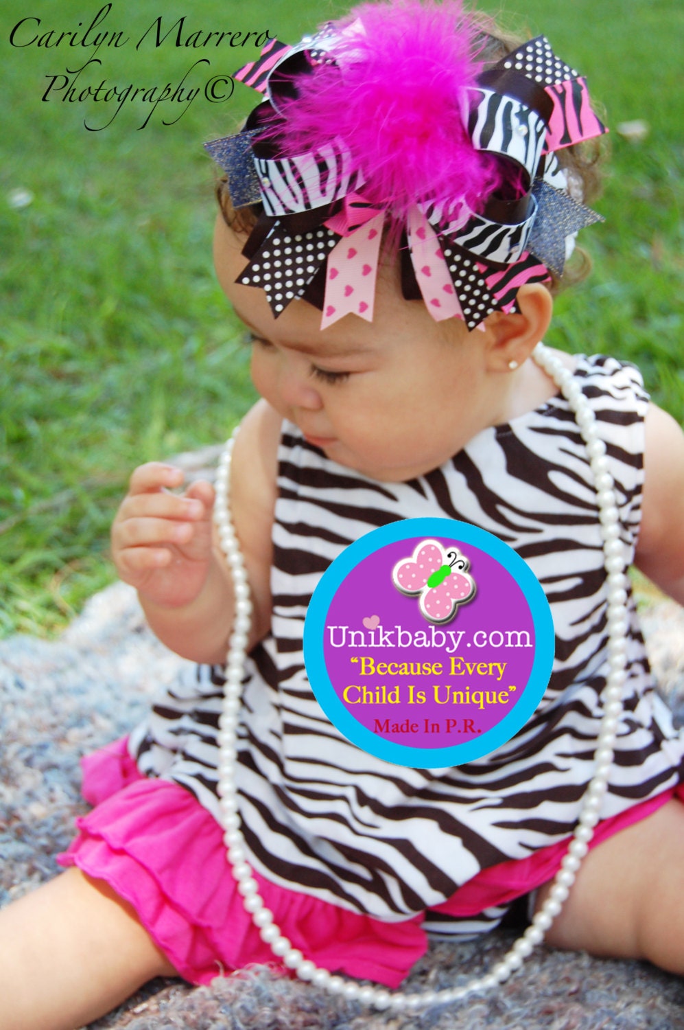 Ultra Chic Unik Baby Zebra Hot Pink Hearts Over The Top Boutique Bow