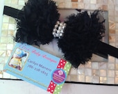 Vintage Inspired Pearls Chiffon Black Bow Headband Ready To Ship