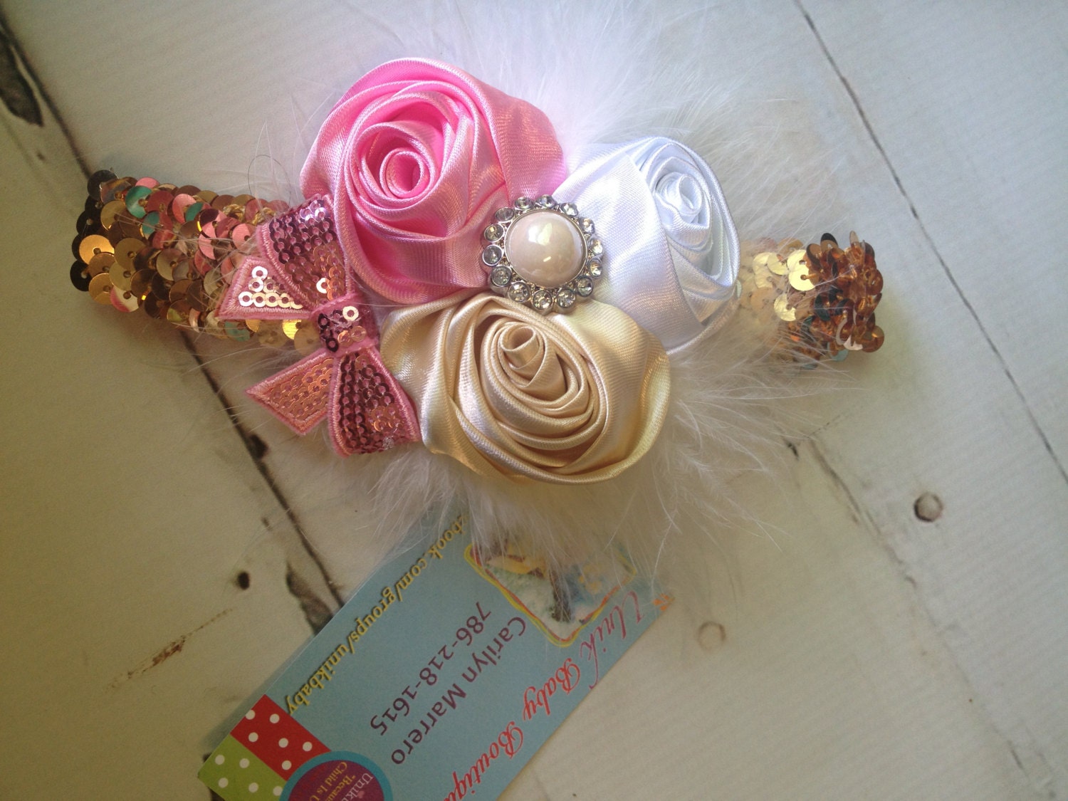 Soft Elegant Gold, White, Pink, and Cream Rosette Sequin Headband