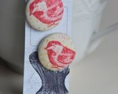 Oversized Vintage Bird Earrings, Fabric Button Coral Pink