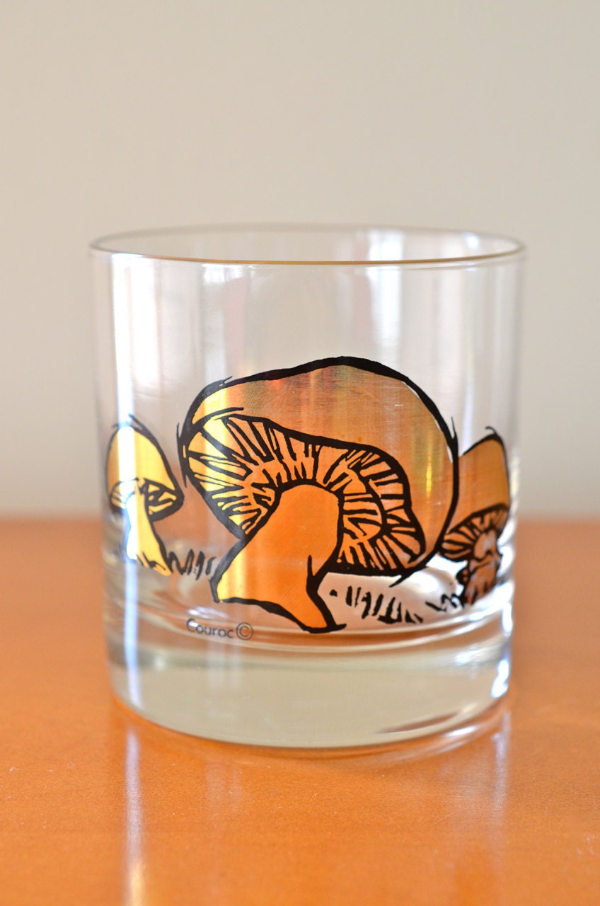 Set of 4 Couroc Gold Mushroom Lowball Drinking Glasses, Barware, Cocktails, Matches Black Tray, Housewarming Gift, Hiball, On the Rocks