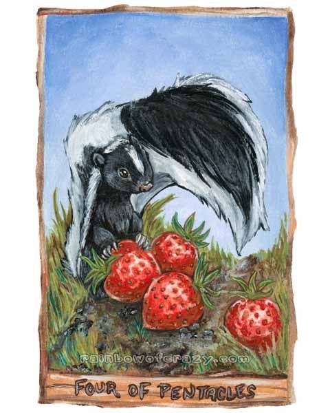 Skunk Print, Tarot Card Art, Four of Pentacles, Strawberry Picture, 8x10 Wall Art, Animal Illustration