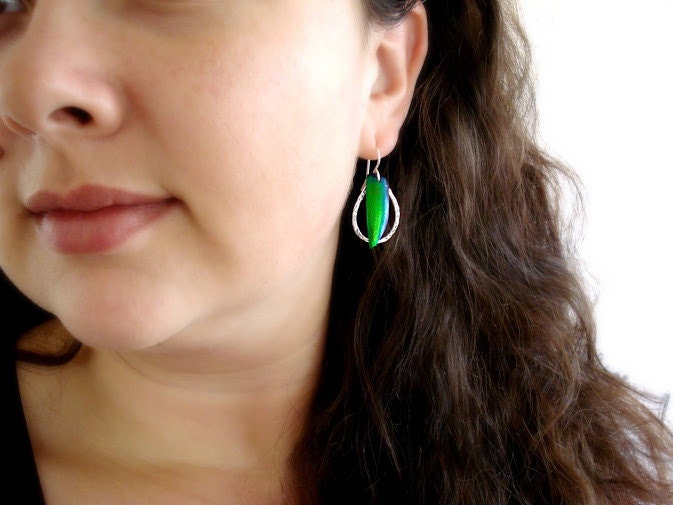 Jewel Beetle Wing Earrings, Hammered Silver Hoop Earrings, Sterling Silver Teardrop Earrings, Bright Peacock Blue Green Beetle Wing Jewelry