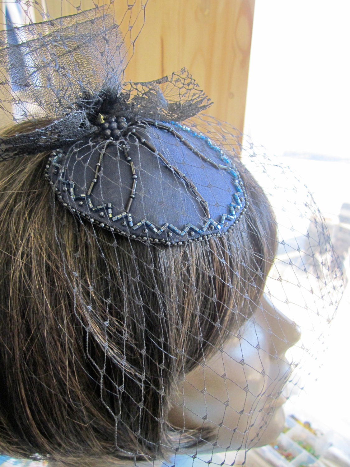 FASCINATOR in NAVY blue and black hair accessory headpiece bibi hat beaded lapis lazuli glass veil comb