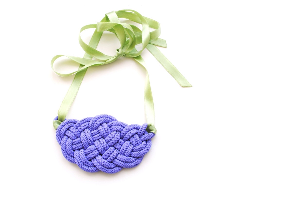 Violet big knot necklace, rope jewelry, lavender, green satin ribbon, nautical style, woven, knotted cord, summer trends