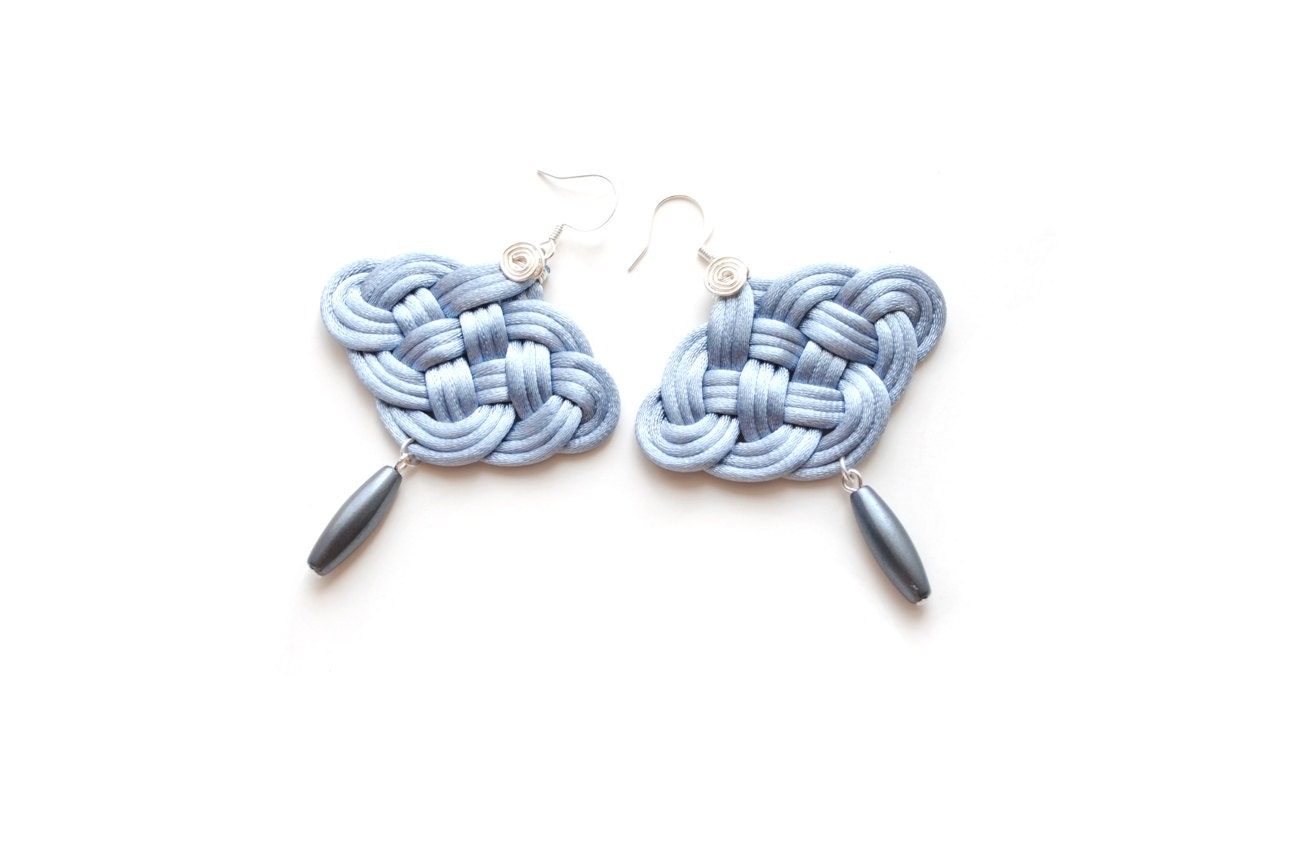 Metallic Grey Knotted Rat Tail Chandelier Earrings, Satin Cords, Long Beads Chinese Knot, Macrame, Gift, Victorian style