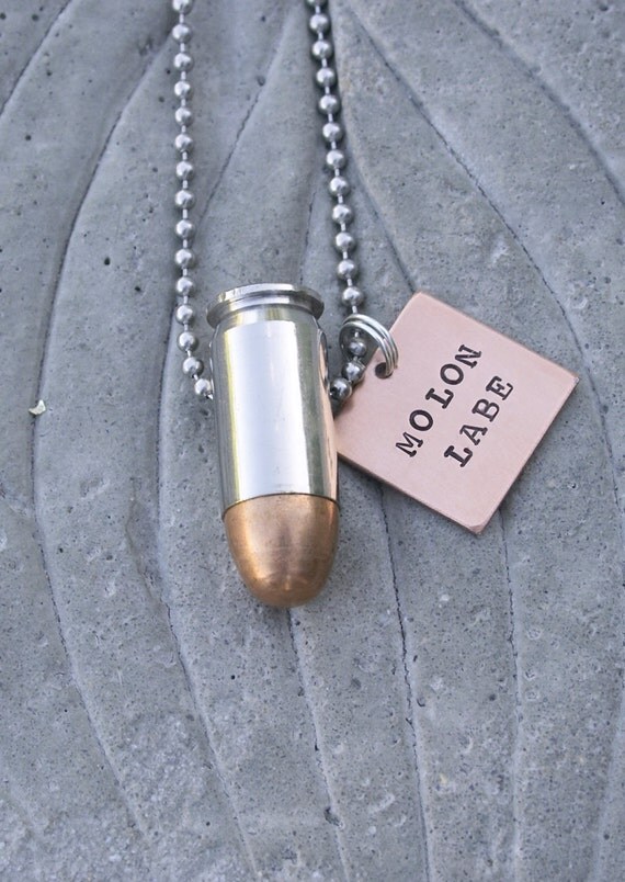 Molon Labe Bullet Jewelry Necklace, Hand Stamped, 45 Caliber or 9mm Nickel Plated Bullet on Stainless Steel Ball Chain