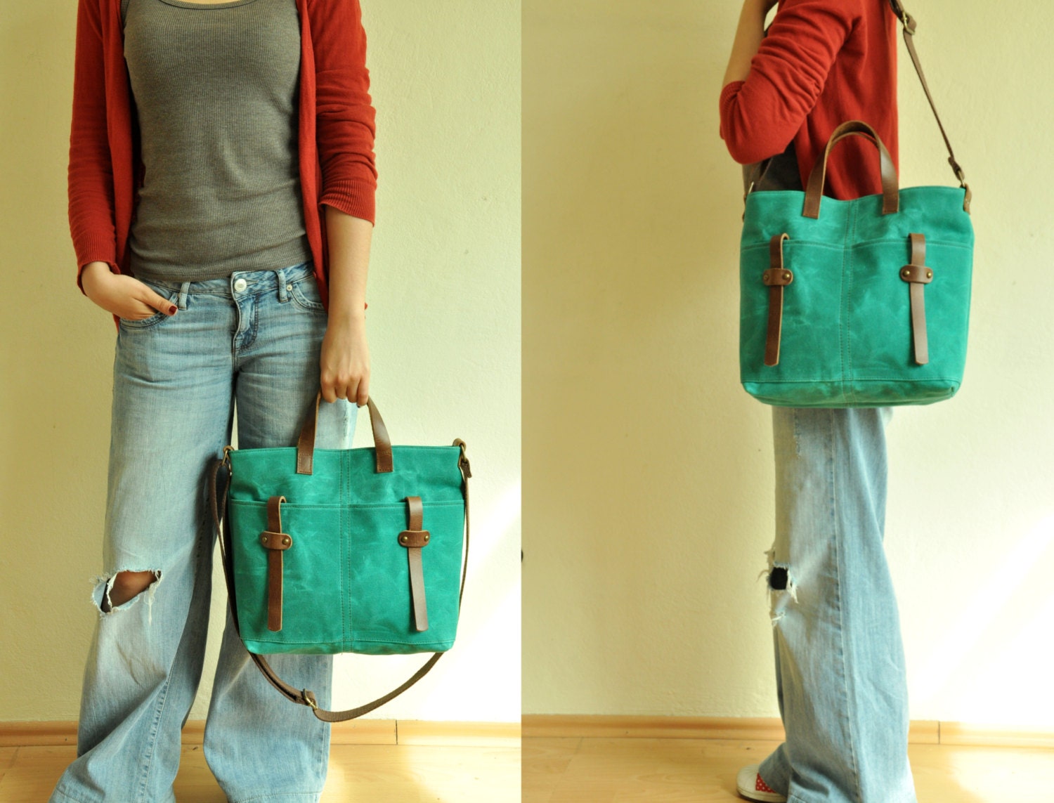 Waxed canvas tote leather accessories petroleum green messenger bag handbag shoulder bag brown cotton straps waxed canvas bag