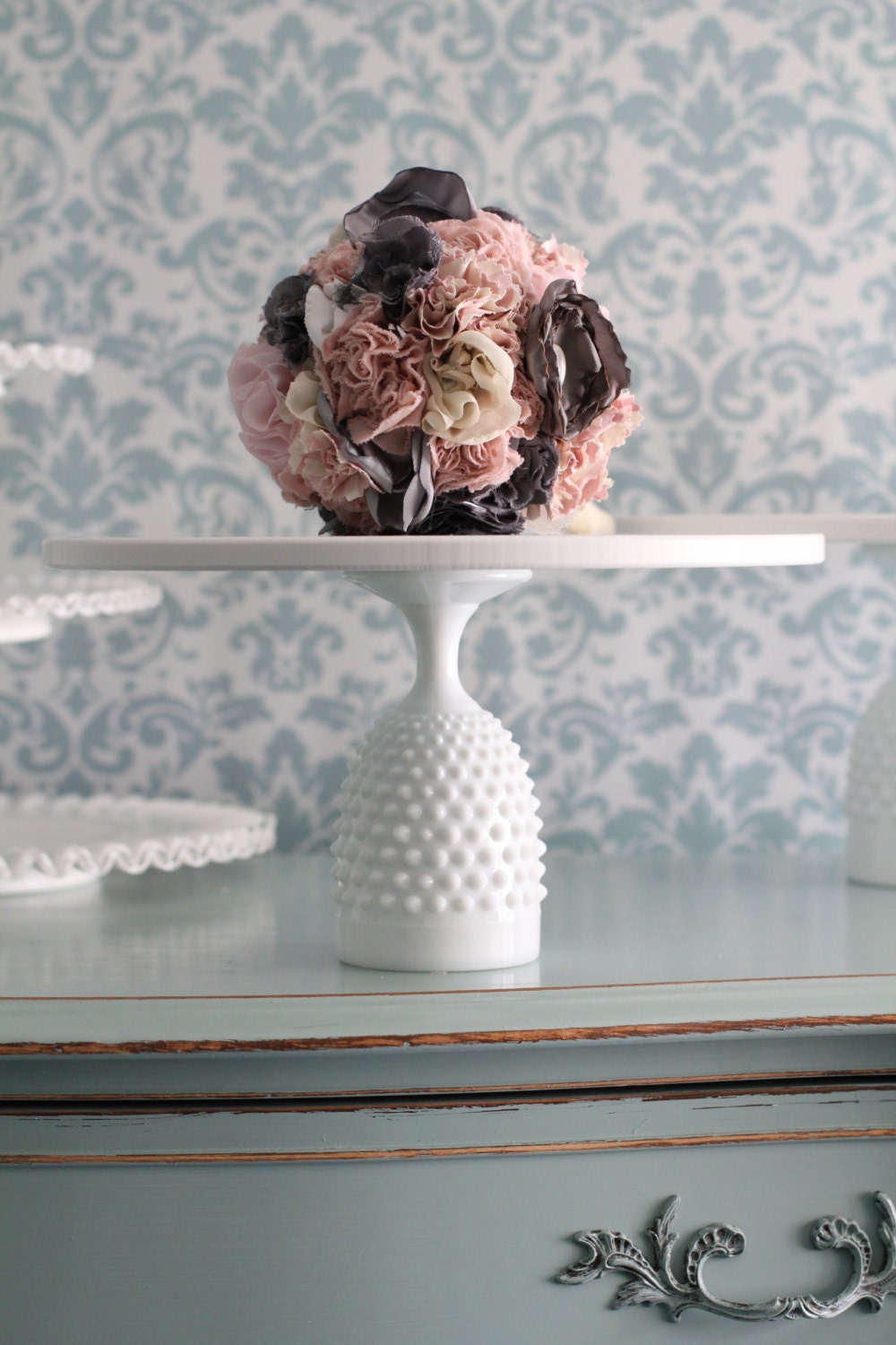 Cake Stand / Cake Dish / Cake Plate Pedestal / 12" Cupcake Stand / Hobnail Milk Glass Base w/ Ceramic -like Cake Plate