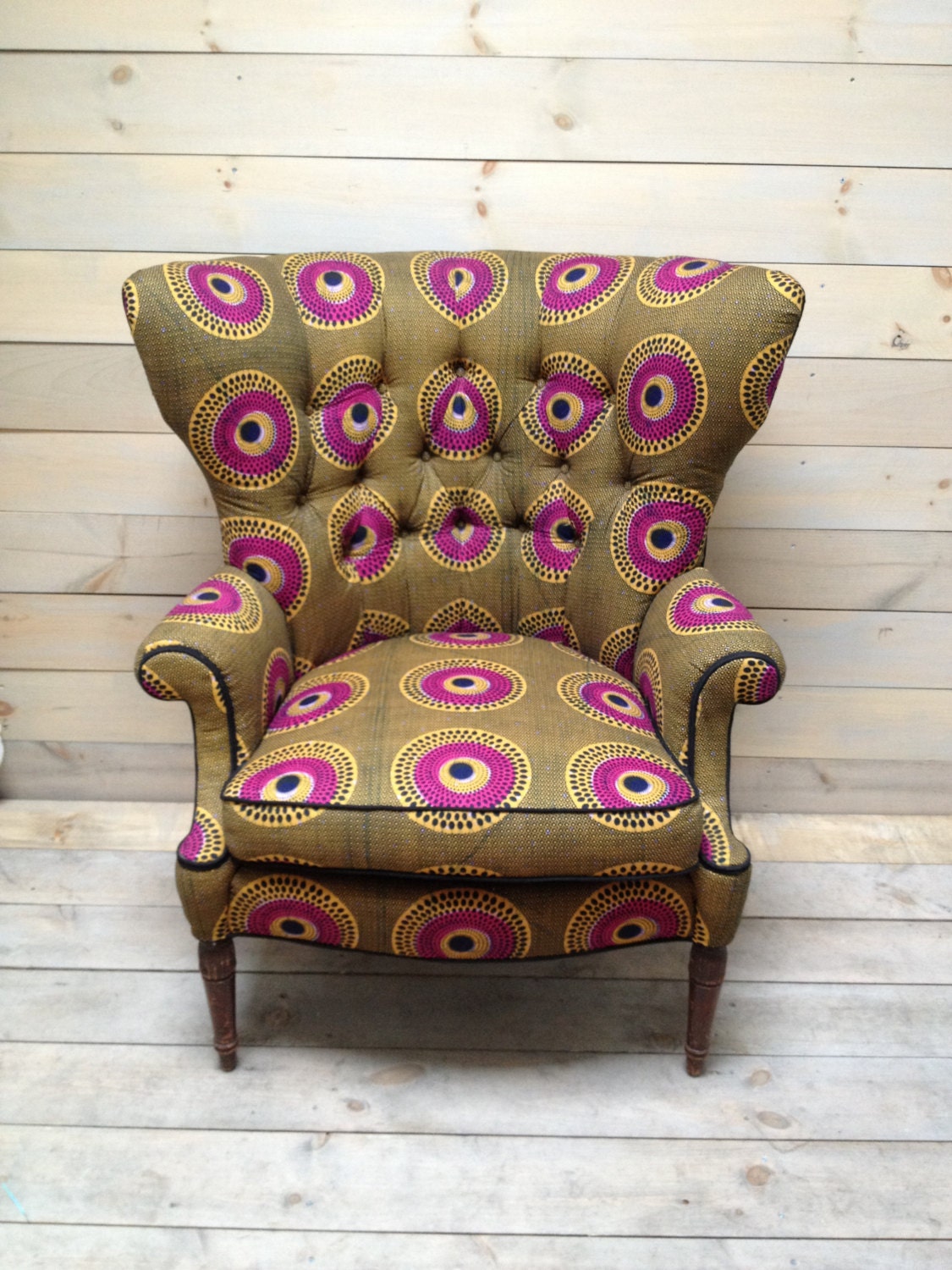 Mid Century Fanback Armchair Upholstered in Olive and Magenta African Dutch Wax Cloth