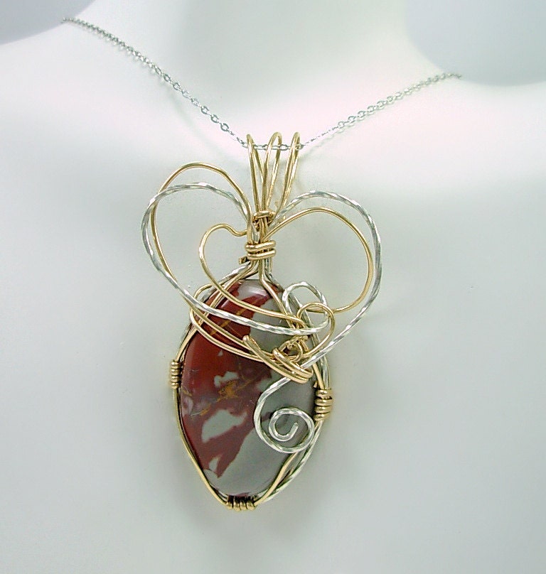 Sterling & Gold Fill Wire wrapped Mookaite Pendant Necklace w/Silver chain,hand cut stone