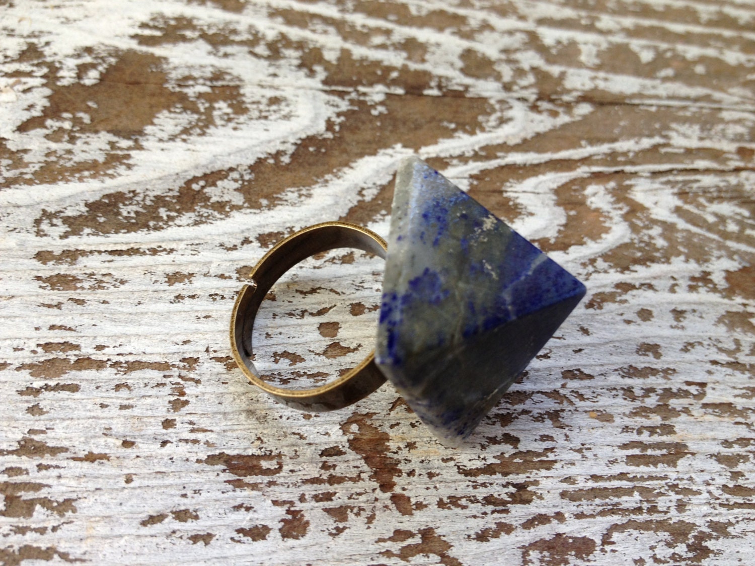 SKY / Raw Stone Natural Blue Lapis Lazuli Pyrite Crystal Pyramid Statement Cocktail Ring Adjustable Brass Band - SACRED GEOMETRY