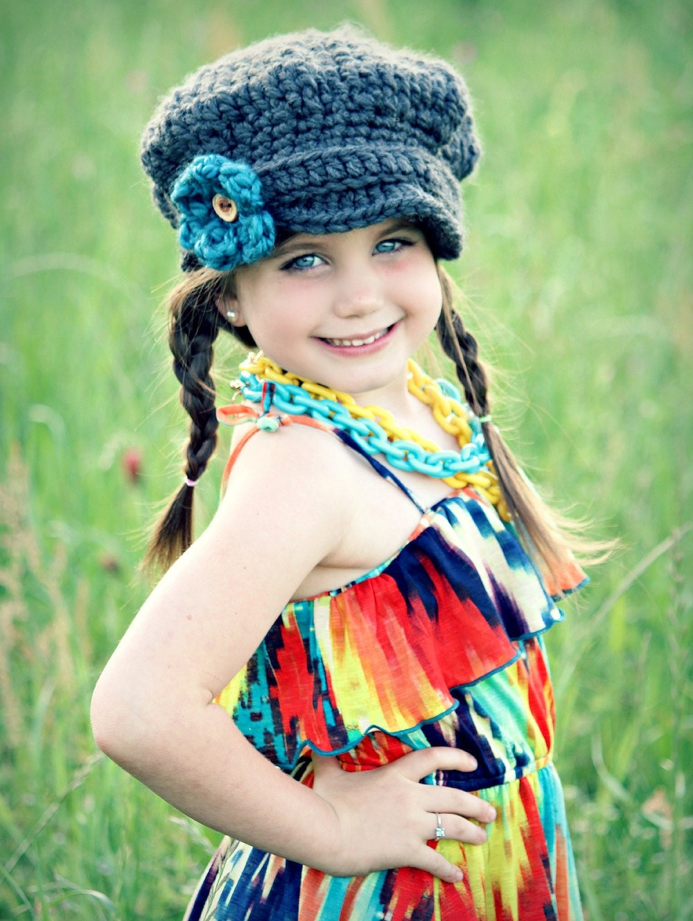 Childrens Hat, Crochet Newsboy Hat with Flowers, Spring Accessories