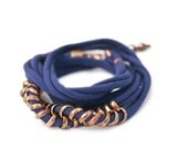 Navy Blue Wrap bracelet, Fabric Bracelet, 2 in 1 Necklace, Jersey Bracelet, Chunky Copper Chain