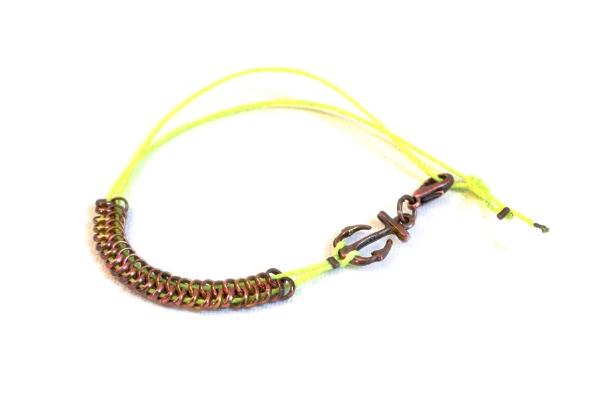 Friendship Bracelet, Neon Barcelet Anchor Charm, Neon Yellow Lime Cord