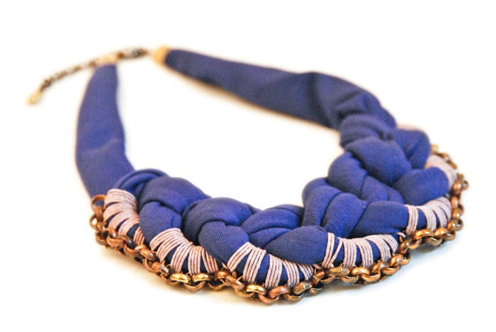Statement Necklace Fabric Bib Purple Jersey Mauve Yarn Brass Copper Chain 46cm