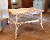 Antique WICKER COFFEE TABLE Old White and Pink Paint