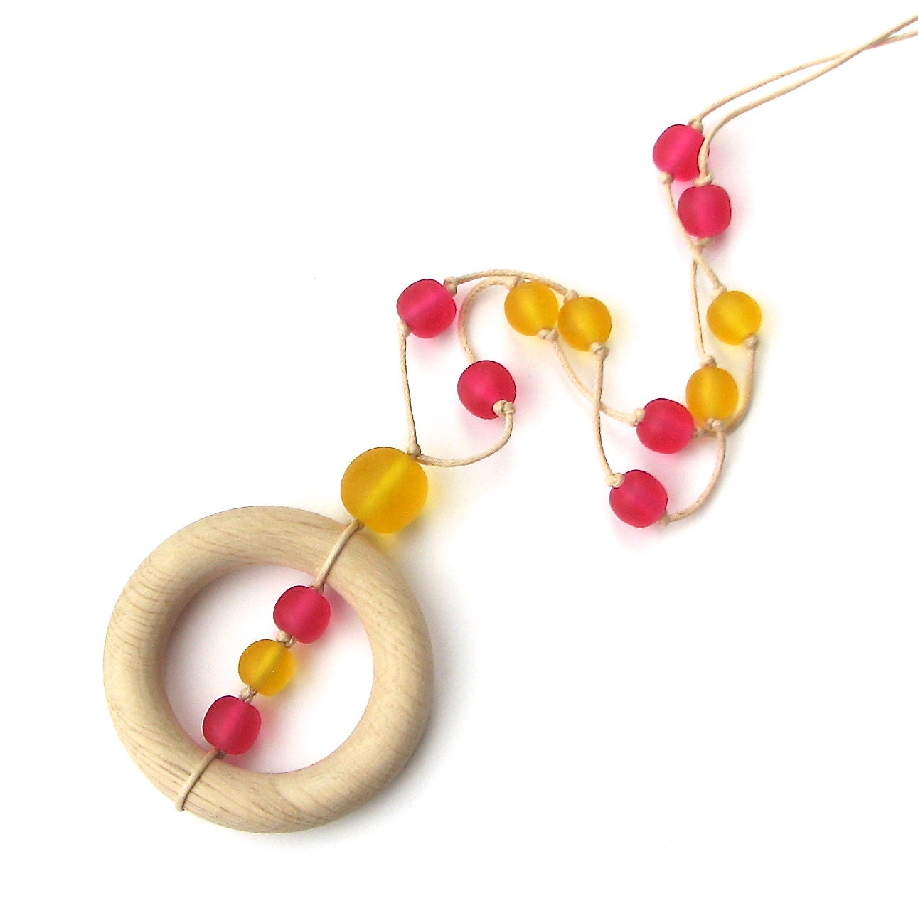Wooden Teething Necklace for Mom - Nursing Necklace - Yellow and Fuchsia/ Magenta Pink
