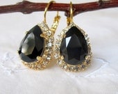 Black crystal Swarovski teardrop earrings, Drop earrings, Dangle earrings, Gold earrings, Vintage earrings, Bridal earrings, Bridesmaids