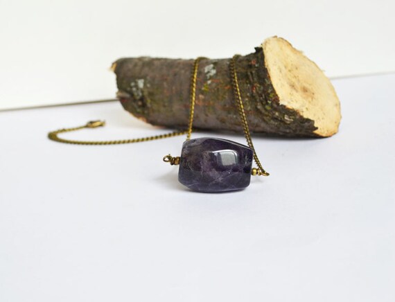Amethyst Single Stone Necklace, Purple Nugget Stone Necklace, Amethyst Jewelry, February Stone Aquarius