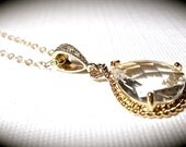Gold Necklace - Clear Czech glass - Teardrop - Bridesmaids - Bridal Jewelry - RICH Looking -