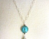 Sterling silver chain necklace, blue Boro glass bead, freshwater pearl, sea glass, sterling silver star fish and sand dollar charm, summer