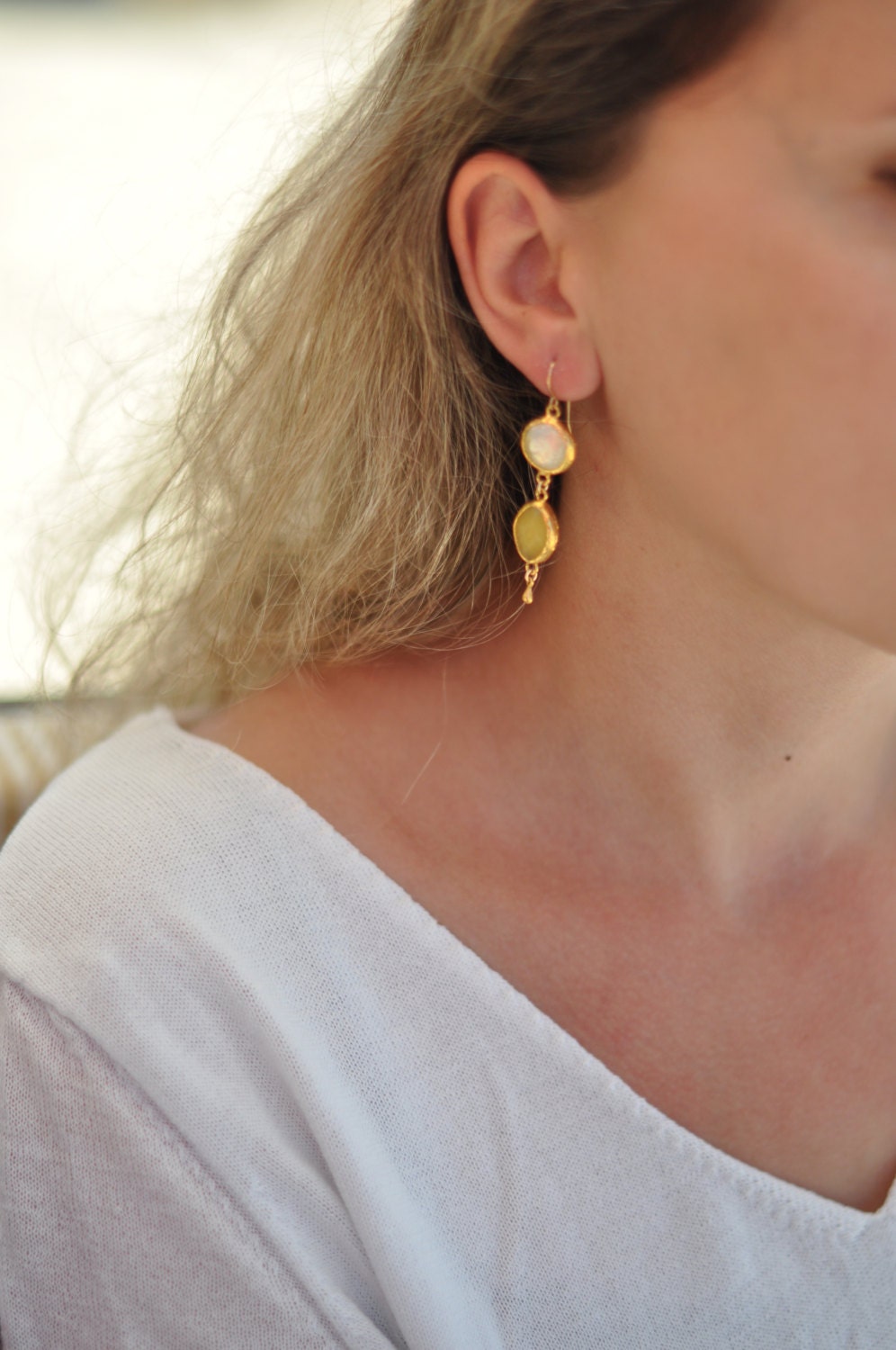 spring pastel drop fresh water pearl lemon sunshine yellow stone- Long Earrings  Gold bridal Earrings - Gemstone Earrings -  israel jewelry