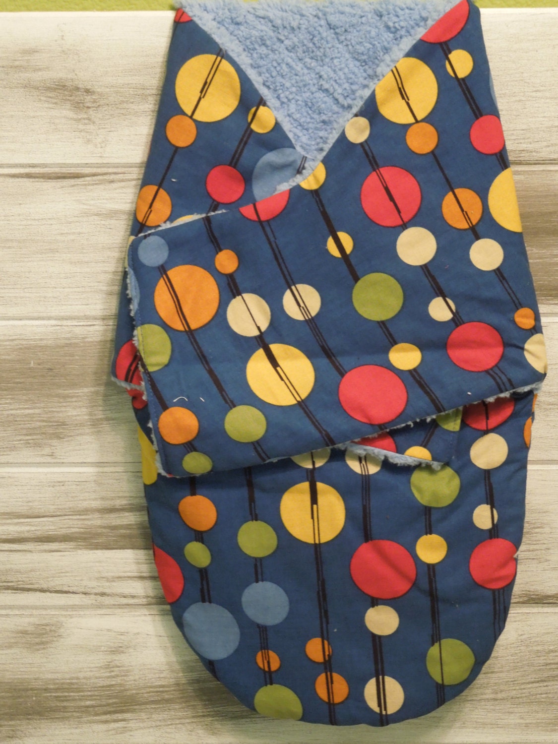 the PEANUT POD baby swaddle - a wrap blanket swaddler - Super Soft Warm & Cozy - Ready To Ship - modern dot - blue red orange yellow green