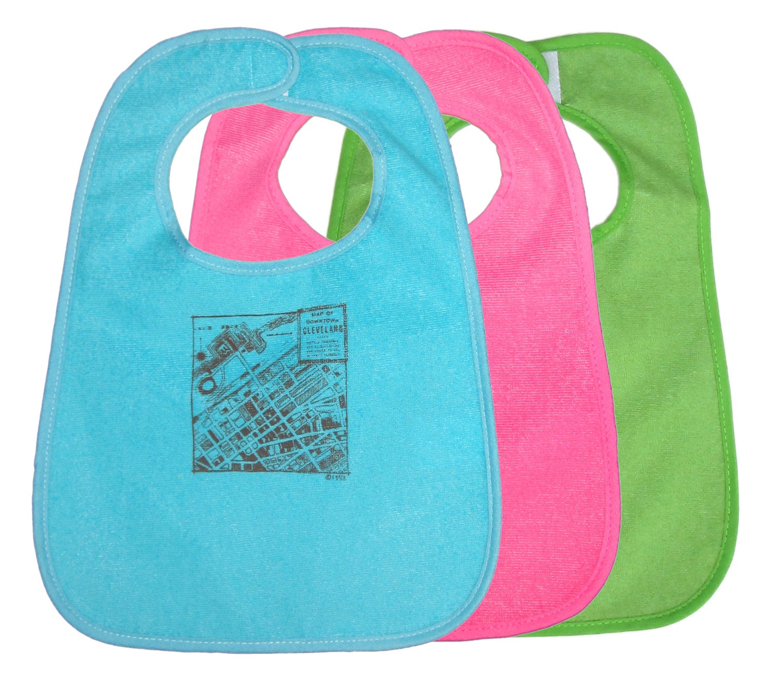 TerryCloth Bib with 'CLE 1942 Downtown Map' Design (Teal Blue, Pink, or Green)