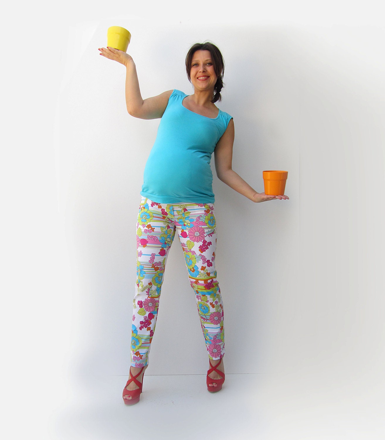 Fashion Summer Floral Maternity Pants with Low Waistband., Maternity Trousers, Spring, Women Clothing, Europe, USA
